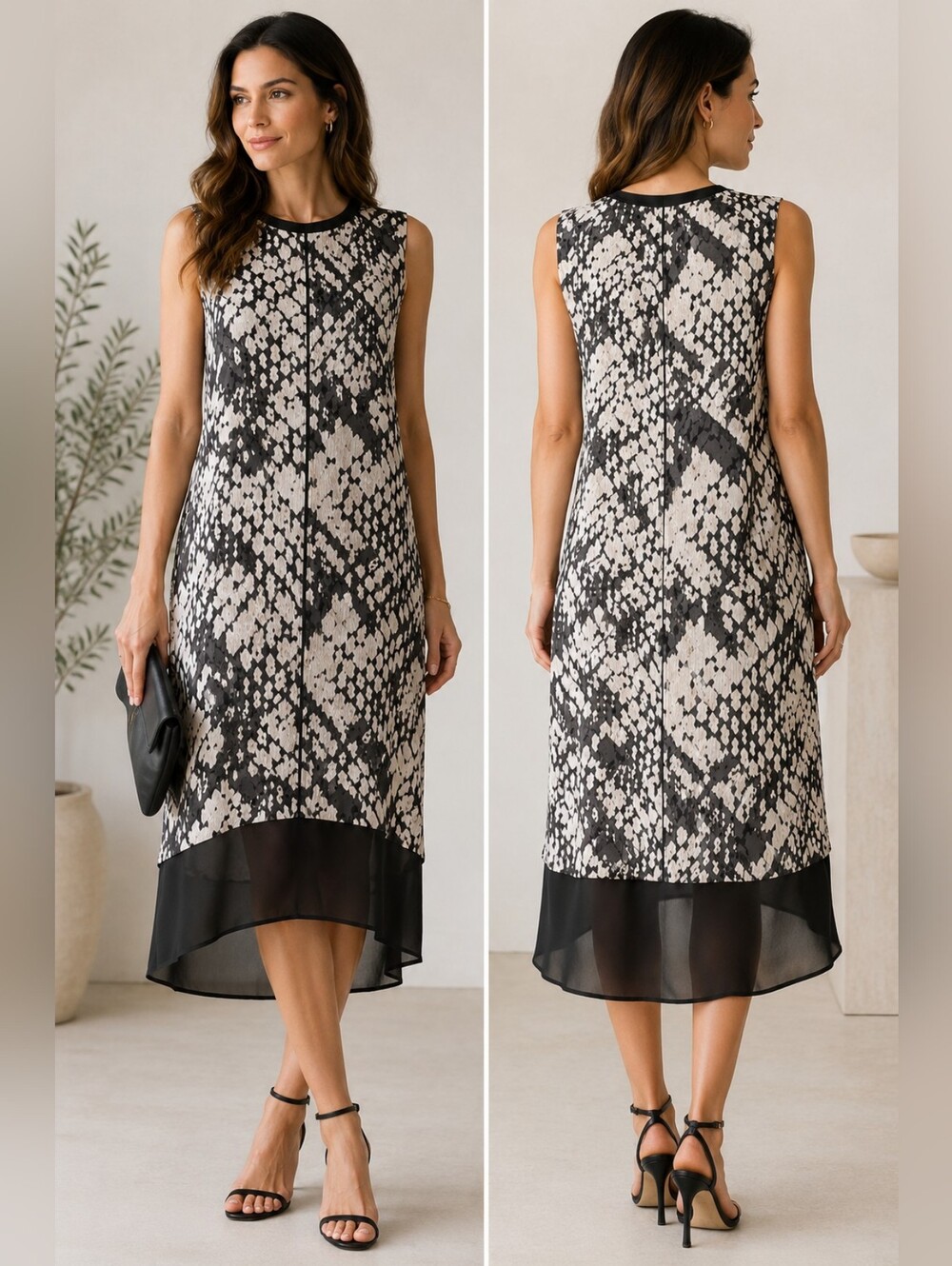Vince Silk Snake Print Shift Dress Black Cream Sleeveless Midi 8